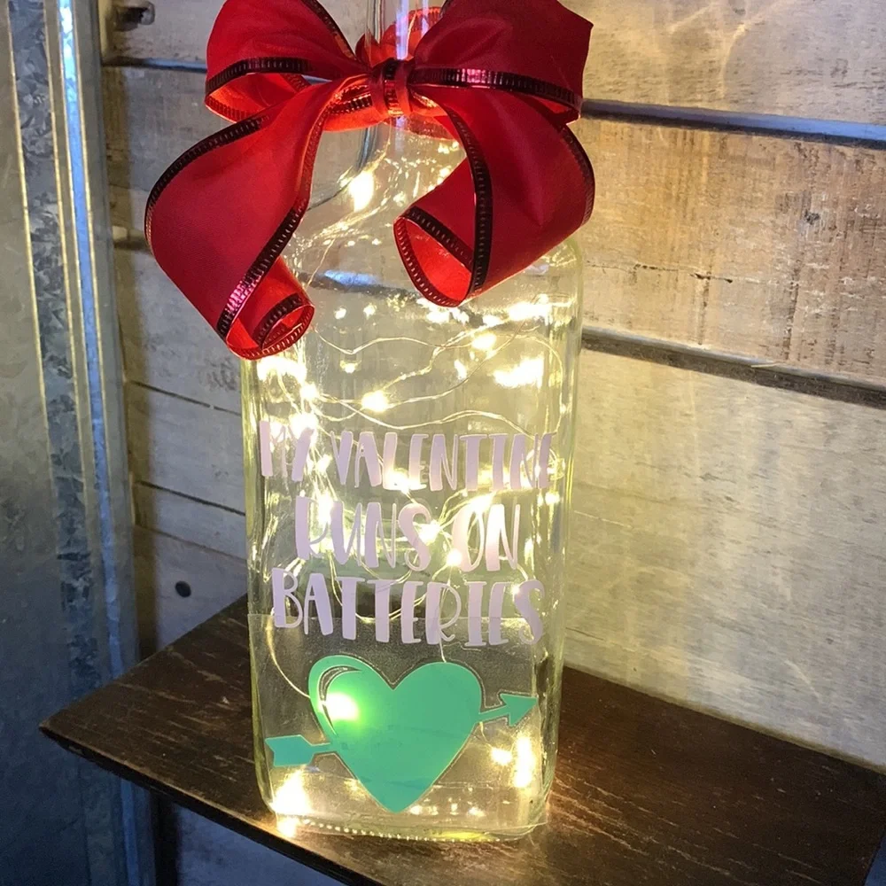 ‘My Valentine Runs on Batteries’ square bottle lantern